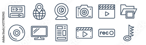 12 pack of icons. thin outline icons such as hemidemisemiquaver, movie player play button, television screen off, clapperboard play button, webcam video call, globe with pointer for web and mobile
