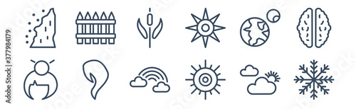 12 pack of icons. thin outline icons such as big snowflake, shining sun with rays, hair style, planet with satellite, reed bed, fences for web and mobile apps, logo