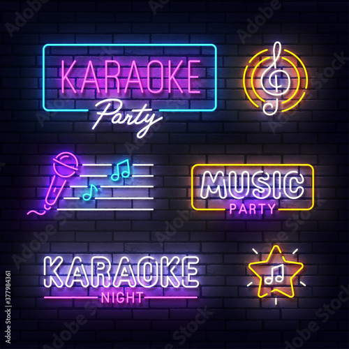 Karaoke neon sign. Glowing neon light signboard of Music party. Sign of Karaoke with colorful neon lights isolated on brick wall. Vector illustration