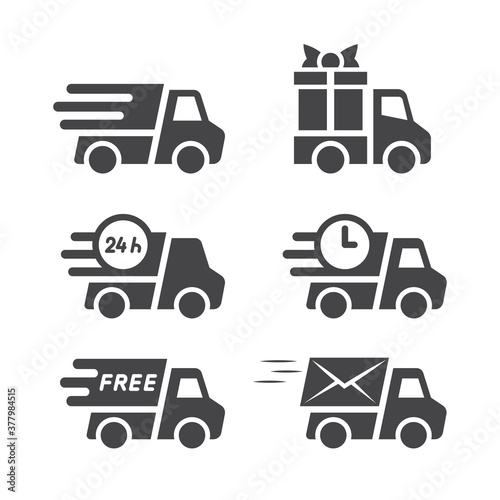 Delivery truck black vector icon set. Truck or lorry, cargo and shipping icons, fast speed marks, gift box and free symbol.