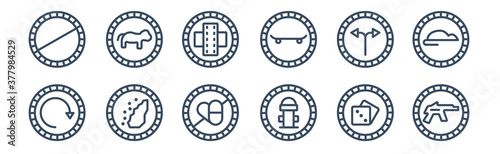 12 pack of icons. thin outline icons such as weapon, hydrant, falling rocks, junction, roads, pet for web and mobile apps, logo