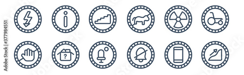 12 pack of icons. thin outline icons such as slope, silence, lost items, nuclear, stairs, info for web and mobile apps, logo