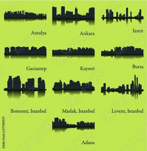 Set of 10 city silhouette in Turkey ( Ankara, Antalya, Adana, Izmir, Gaziantep, Bursa, Kayseri, Bomonti, Levent, Maslak )