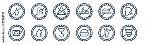 12 pack of icons. thin outline icons such as no drinks, no food, no water, ironing, bleaching, shower for web and mobile apps, logo