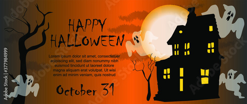 Tarjeta de celebración para Halloween, fondo degradado aterrador, fantasmas que rodean una casa oscura y tenebrosa con la luna de fondo y árboles secos.
Feliz Halloween texto photo