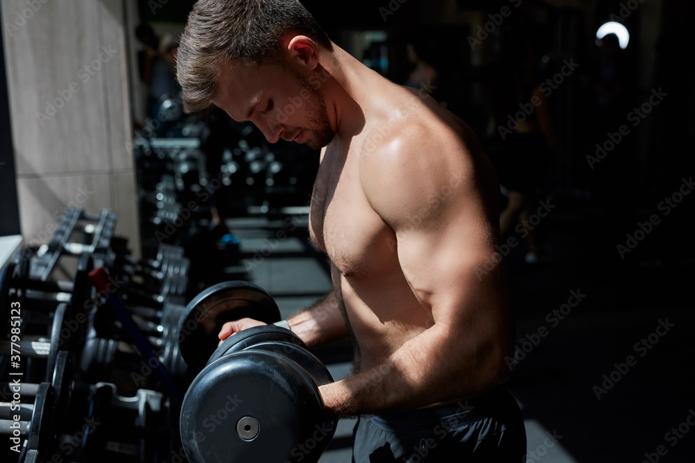 young muscular man in sportswear lift weights while working out in gym, strong guy exercises alone, side view young muscular man in sportswear lift weights while working out in gym, strong guy exercises alone, side view