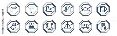 12 pack of icons. thin outline icons such as narrow road, no camping, railway, no rodents, no skating, t junction for web and mobile apps, logo