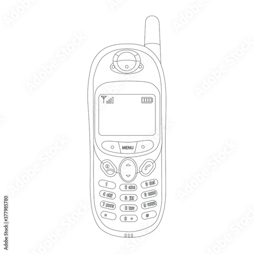 An old-style mobile phone. Blue cell phone with antenna, gray buttons and green display