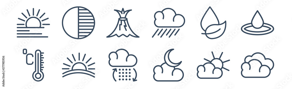 12 pack of icons. thin outline icons such as cirrus cumulus, cloudy night, dawn, dew, eruption, first quarter for web and mobile apps, logo