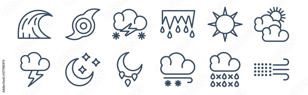 12 pack of icons. thin outline icons such as sand storms, snow storms, starry night, sunshine, thundersnow, tropical storm for web and mobile apps, logo 12 pack of icons. thin outline icons such as sand storms, snow storms, starry night, sunshine, thundersnow, tropical storm for web and mobile apps, logo