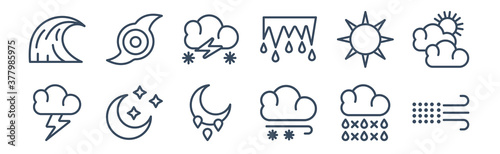 12 pack of icons. thin outline icons such as sand storms, snow storms, starry night, sunshine, thundersnow, tropical storm for web and mobile apps, logo