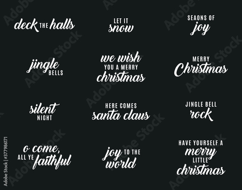Holiday Christmas Set, Seasons Greetings, Deck The Halls, O Holy Night, Happy New Year Text, Happy Holidays Text Graphic Elements Vector Text Set 