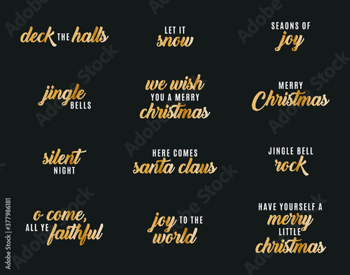 Holiday Christmas Set, Seasons Greetings, Deck The Halls, O Holy Night, Happy New Year Text, Happy Holidays Text Graphic Elements Vector Text Set 