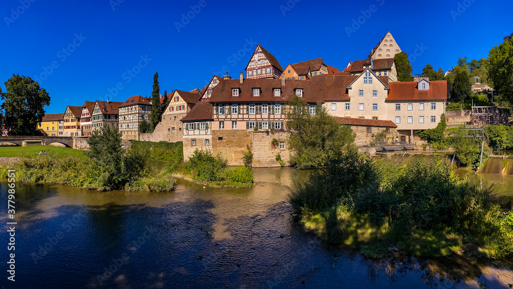 Panorama of the old town of Schwaebisch Hall seen from the island in the river Kocher