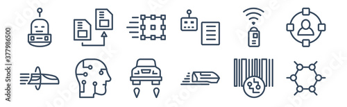 12 pack of icons. thin outline icons such as graphene, high speed tube, humanoid, infra, match moving, memory transfer for web and mobile apps, logo