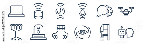 12 pack of icons. thin outline icons such as robots and humans, smart lens, synthetic food, unsupervised learning, wireless charging, assistant for web and mobile apps, logo