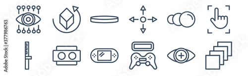 12 pack of icons. thin outline icons such as depth perception, remote control, stereoscope, motion, panorama, 3d for web and mobile apps, logo