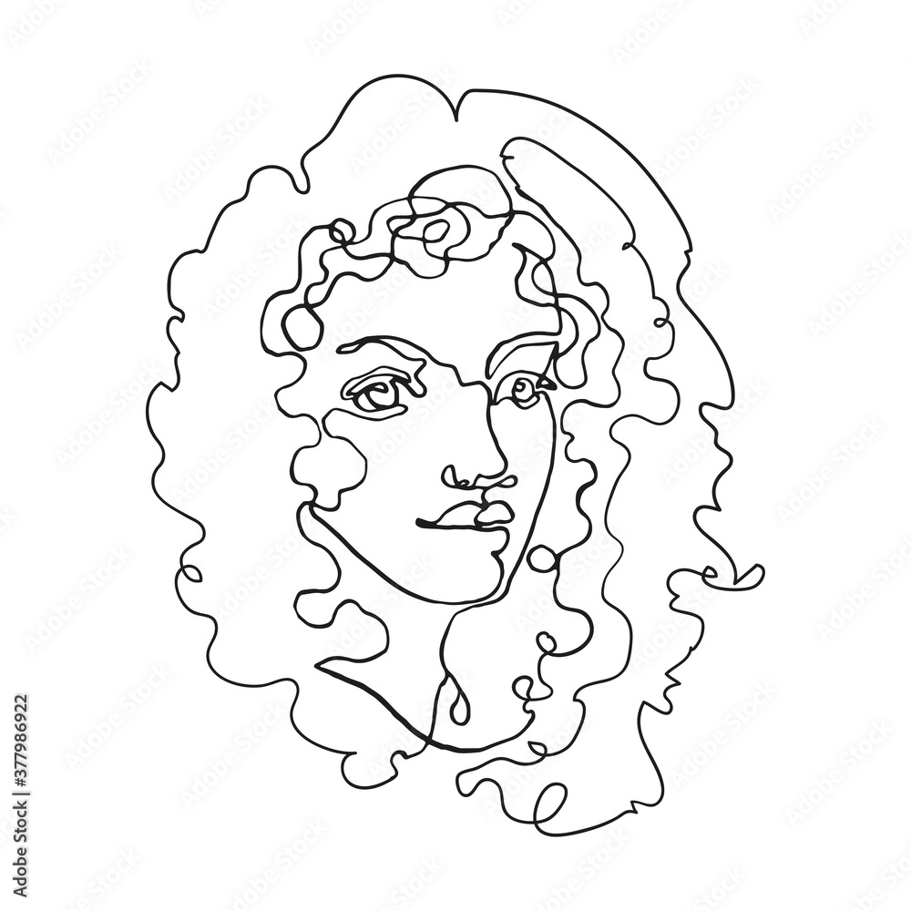 Vector outline black and white illustration of portrait woman. One line drawing isolated on white background. Use it for design card, poster, banner, social Media post, fashion print, beaty salon logo