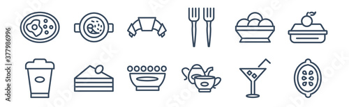 12 pack of icons. thin outline icons such as half lemon, tea set, cut cake piece, ice cream cup, bakery croissant, paella with parwns for web and mobile apps, logo