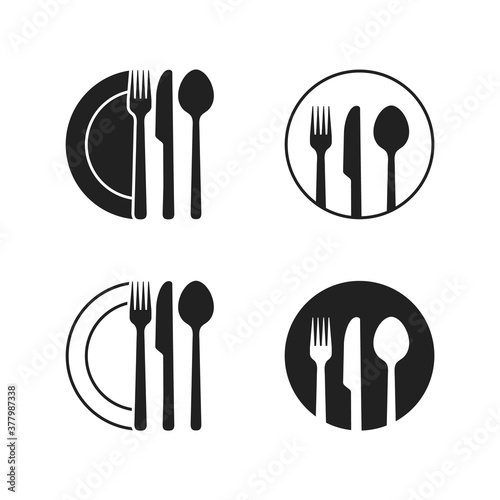 Plate fork knife and spoon icon set. Vector illustration designed as a logo of the restaurant. Black line cutlery and utensil silhouette for lunch, dinner, and meal. Food, eat and culinary symbol SET1