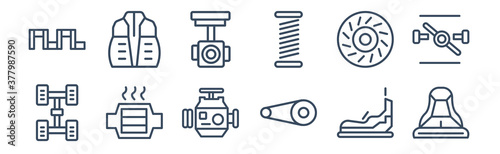 12 pack of icons. thin outline icons such as car bucket seat, car camshaft, car catalytic converter, clutch, connecting rod, cowl for web and mobile apps, logo