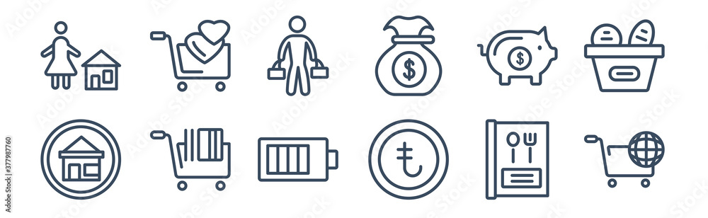 12 pack of icons. thin outline icons such as commerce and shopping, turkish, e commerce shopping cart tool, piggy bank with coin, shopper, solidarity purchase for web and mobile apps, logo 12 pack of icons. thin outline icons such as commerce and shopping, turkish, e commerce shopping cart tool, piggy bank with coin, shopper, solidarity purchase for web and mobile apps, logo