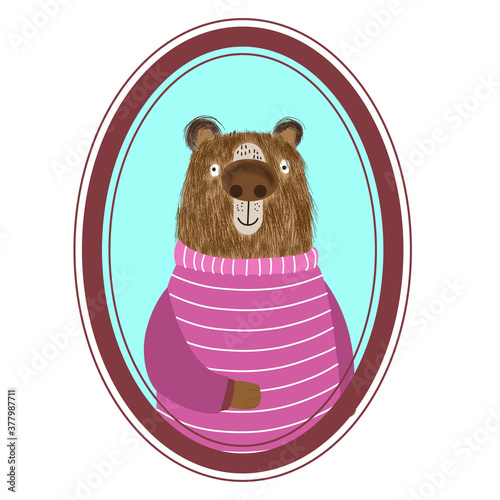 Portrait of a cartoon cute shaggy bear in a beautiful striped sweater, animal postcard, poster, print. Vector illustration.