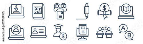 12 pack of icons. thin outline icons such as ask, blended learning, computer-based training, scholarship, game-based learning, geography for web and mobile apps, logo