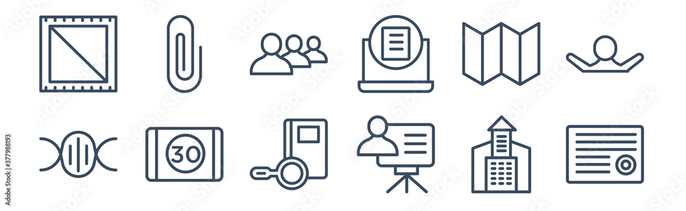 12 pack of icons. thin outline icons such as sealed diploma, teacher with stick, digital display 30, world map, group of people, paperclip for web and mobile apps, logo 12 pack of icons. thin outline icons such as sealed diploma, teacher with stick, digital display 30, world map, group of people, paperclip for web and mobile apps, logo