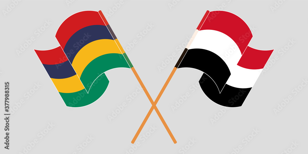 Crossed and waving flags of Mauritius and Yemen Crossed and waving flags of Mauritius and Yemen