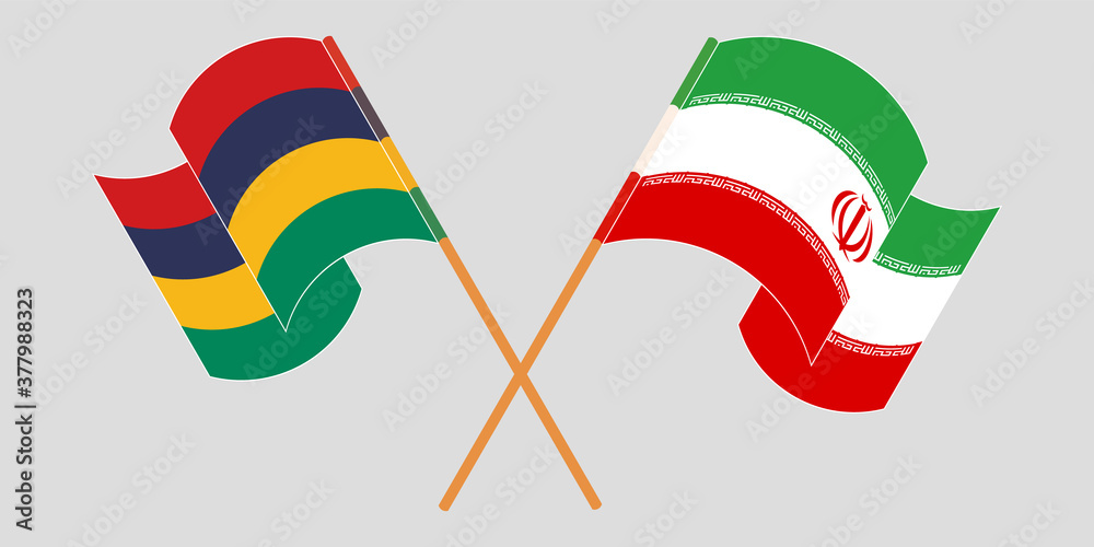 Crossed and waving flags of Mauritius and Iran Crossed and waving flags of Mauritius and Iran