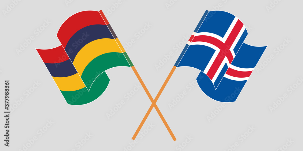 Crossed and waving flags of Mauritius and Iceland Crossed and waving flags of Mauritius and Iceland