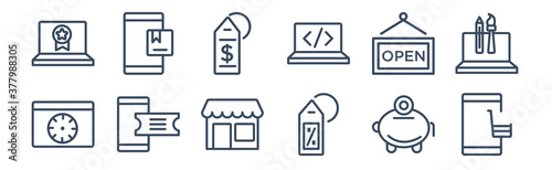 12 pack of icons. thin outline icons such as web shop, sale, eticket, open, price, web package for web and mobile apps, logo