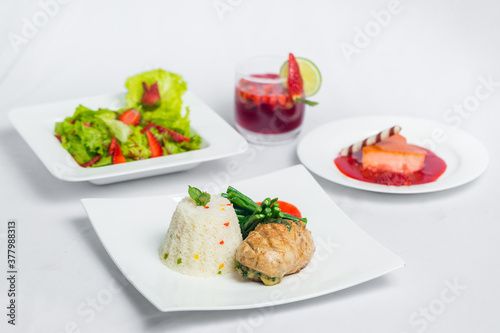 Valentine's day special dinner course food platter on isolated white background. Valentine's meal platter. Valentine's day food offer.