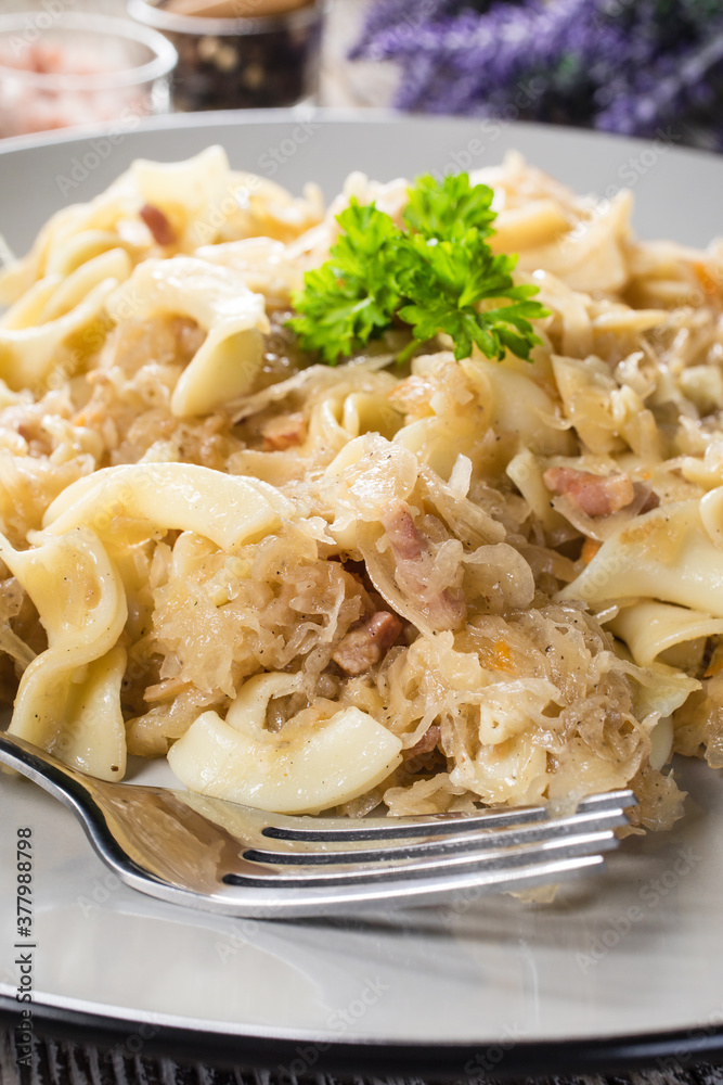 Pasta with sauerkraut and bacon.