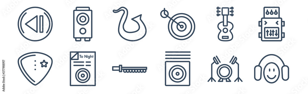 12 pack of icons. thin outline icons such as phantom, song note, gramophone record, vynil, musical sixteenth note, subwoofer speaker for web and mobile apps, logo 12 pack of icons. thin outline icons such as phantom, song note, gramophone record, vynil, musical sixteenth note, subwoofer speaker for web and mobile apps, logo