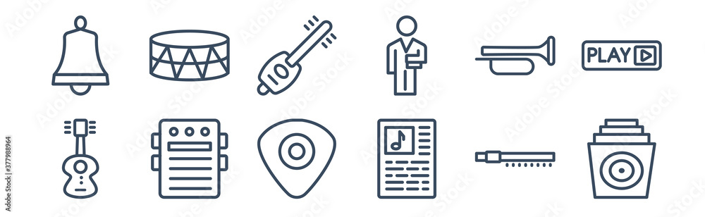 12 pack of icons. thin outline icons such as vinyls, event poster, guitar pedal, musician with saxophone, shamisen, old drum for web and mobile apps, logo 12 pack of icons. thin outline icons such as vinyls, event poster, guitar pedal, musician with saxophone, shamisen, old drum for web and mobile apps, logo