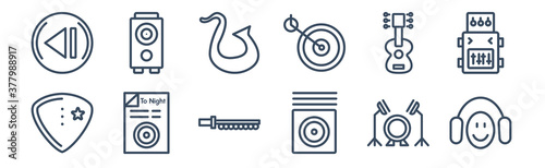 12 pack of icons. thin outline icons such as phantom, song note, gramophone record, vynil, musical sixteenth note, subwoofer speaker for web and mobile apps, logo