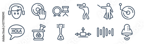 12 pack of icons. thin outline icons such as retro school bell, friction, tibetan, orchestra director, drummer set, dj hand motion for web and mobile apps, logo