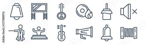 12 pack of icons. thin outline icons such as accordionist, vintage loudspeaker, party dj, zambomba, yueqin, big screen for web and mobile apps, logo