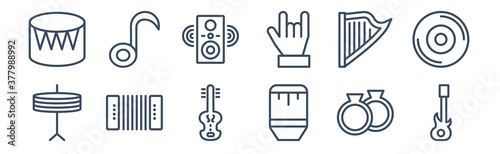 12 pack of icons. thin outline icons such as bass guitar, bongo, accordion, harp, sound system, melody for web and mobile apps, logo