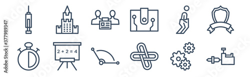 12 pack of icons. thin outline icons such as tattoo machine, interlock, blackboard with basic calculations, sack race, limited liability, null for web and mobile apps, logo