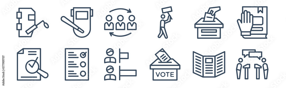 12 pack of icons. thin outline icons such as debate, voting, vote, ballot, merging, nightstick for web and mobile apps, logo