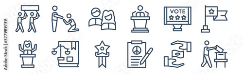 12 pack of icons. thin outline icons such as man holding the vote paper on the box, peace treaty, political balance, political publicity on monitor screen, politicians, slavery for web and mobile