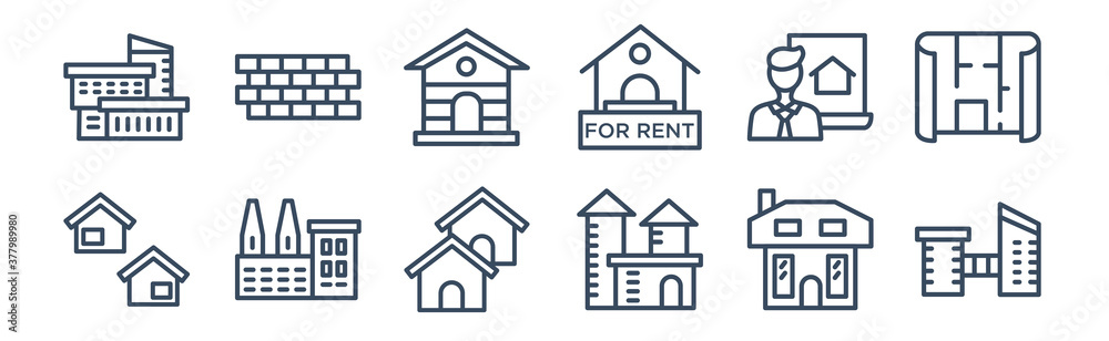 12 pack of icons. thin outline icons such as bridges, house front view, industrial park, realtor, tree house, wall for web and mobile apps, logo 12 pack of icons. thin outline icons such as bridges, house front view, industrial park, realtor, tree house, wall for web and mobile apps, logo