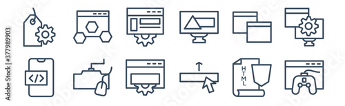 12 pack of icons. thin outline icons such as game development, hyperlink, keyboard and mouse, page, program interface, programming language for web and mobile apps, logo