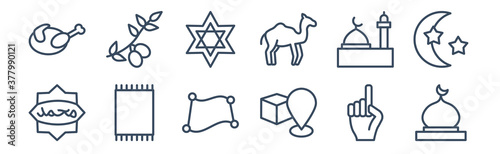 12 pack of icons. thin outline icons such as mosque domes, qibla, praying mat, medina, star of david, olive branch for web and mobile apps, logo