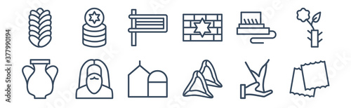 12 pack of icons. thin outline icons such as matzo, hamantaschen, moses, tefilin, gragger, jewish coins for web and mobile apps, logo
