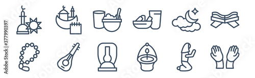 12 pack of icons. thin outline icons such as muslim praying hands, ner tamid, oud, ramadan crescent moon, ramadan iftar, ramadan month for web and mobile apps, logo