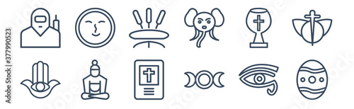 12 pack of icons. thin outline icons such as easter eggs, goddess, great buddha, holy chalice, incense, indulgence for web and mobile apps, logo